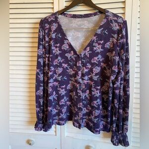 Garnet Hill Purple Floral V-Neck Long Sleeve Blouse